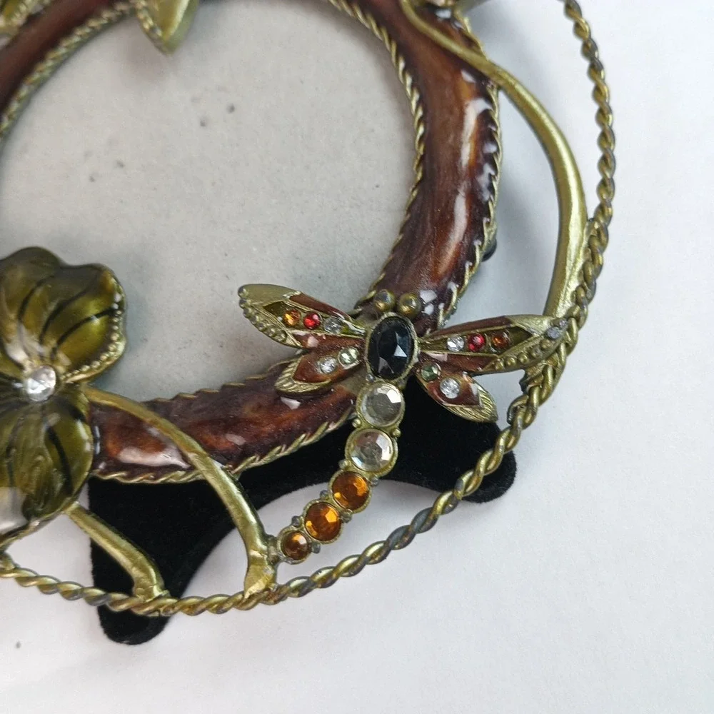 VTG Enameled Metal Jeweled Flowers Dragonflies Round Picture Photo Frame Boho